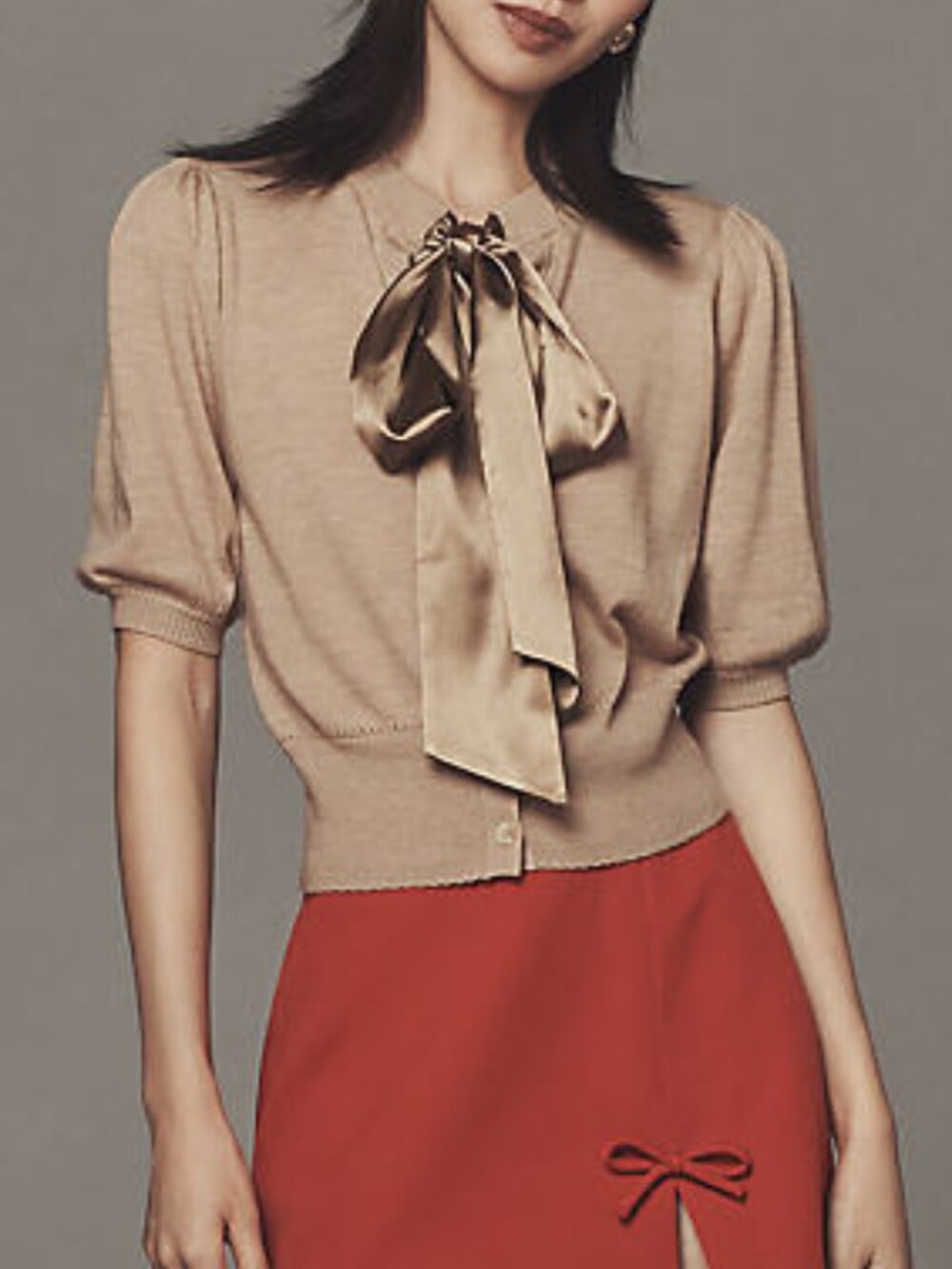 Bow Tie Short Sleeve Cardigan Sweater - Picture 2 of 8
